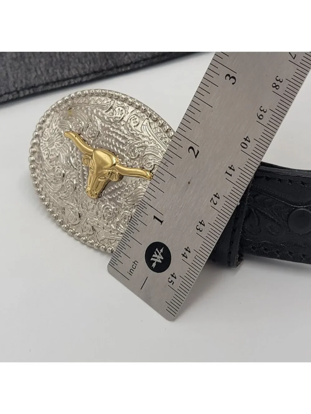 VTG Western Cowboy  Youth 3D Genuine Leather Black Belt With Silver & Gold Longh
